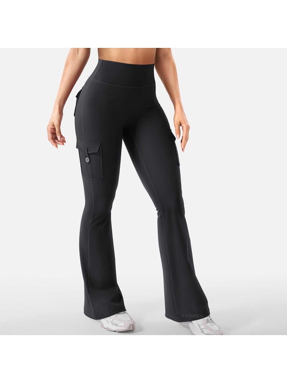 Yoga Pants, Women Workout Flare Leggings with Pockets Hidden Scrunch High Waisted Cargo Gym Yoga No Front Seam Leggings, M