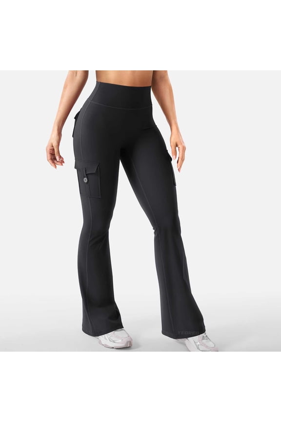 Yoga Pants, Women Workout Flare Leggings with Pockets Hidden Scrunch High Waisted Cargo Gym Yoga No Front Seam Leggings, M