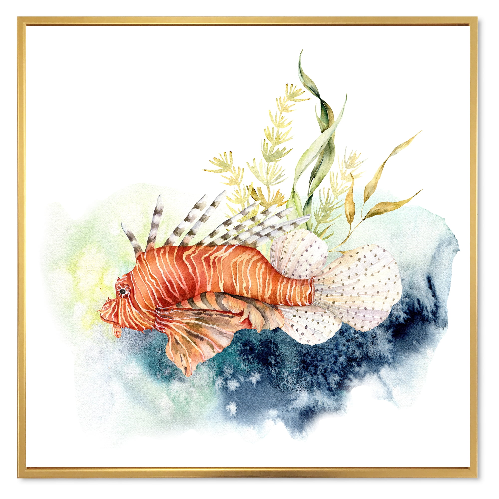 Kelp and Lionfish With Coral Reef and Laminaria 16 in x 16 in Framed Painting Canvas Art Print, by Designart