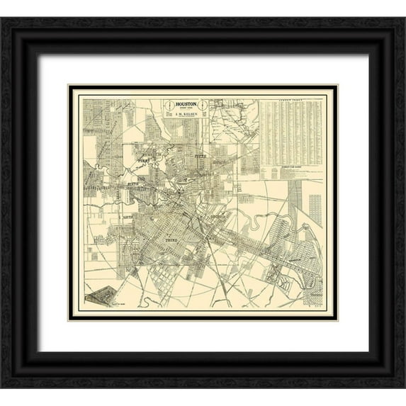 Kelsen 22x20 Black Ornate Wood Framed with Double Matting Museum Art Print Titled - Houston Texas Street Guide - Kelsen 1913