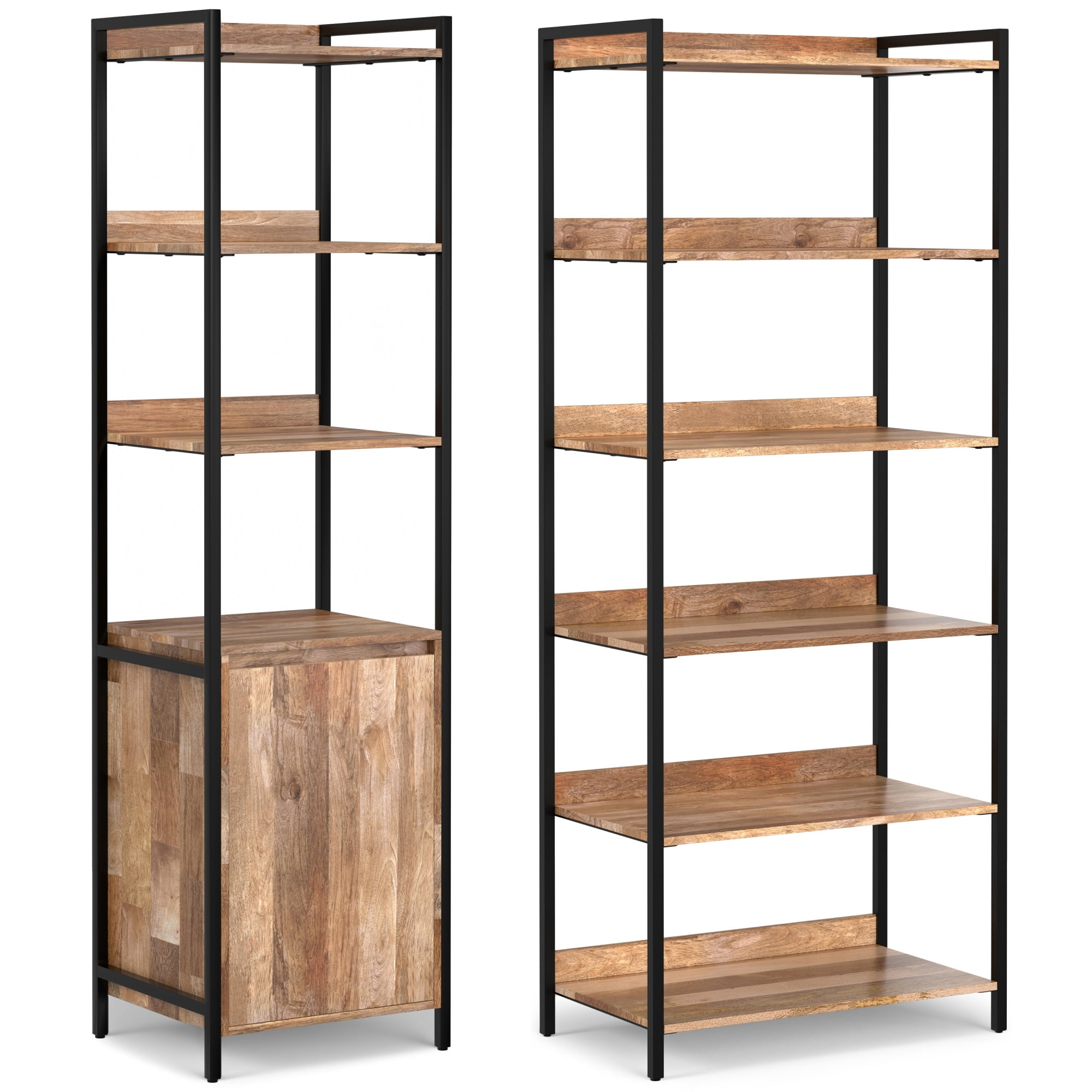 Tall Black Metal and Mango Wood Adjustable Bookcase Set