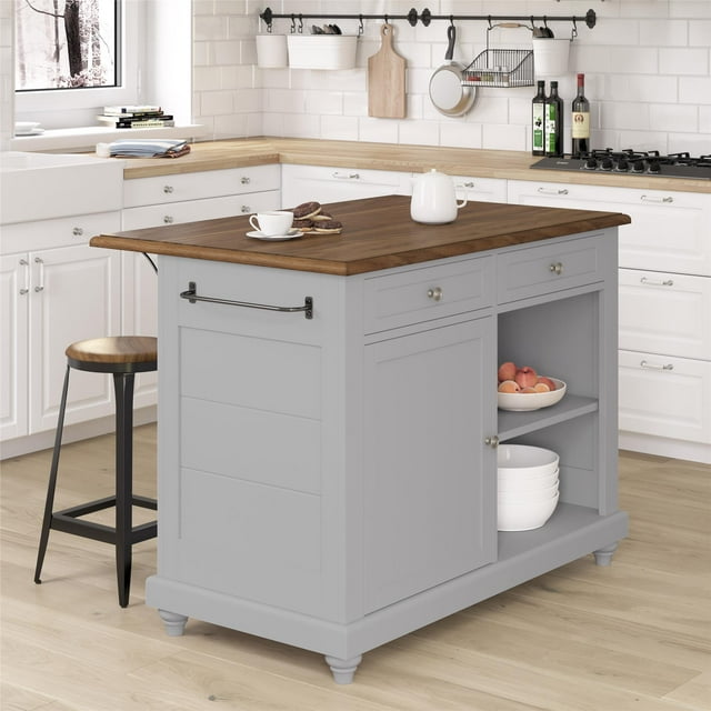 Kelsey Kitchen Island with 2 Stools and Drawers, Gray