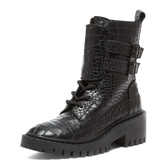 Kelsi Dagger Brooklyn Northern Black Embossed Leather Lace-up Combat Ankle Boots (BLACK, 8)