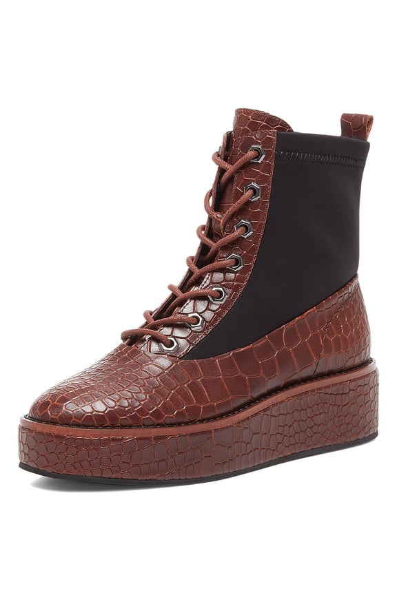 Kelsi Dagger Freeze Oxblood Platform Croc-Embossed Lace-up Leather Lace Up Boots (OXBLOOD, 6)