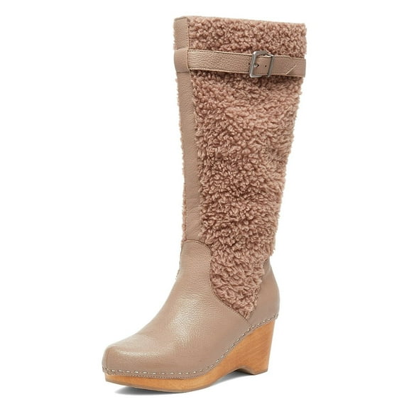 Kelsi Dagger Jagger Taupe Knee High Clog Wood Heel Wedge Round Toe Leather Boot (TAUPE, 7)