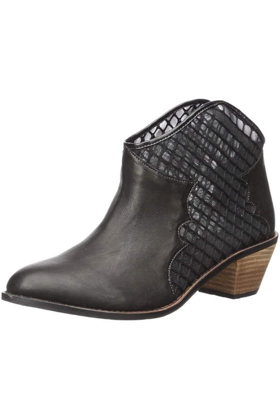 Kelsi Dagger Keenan Black Leather Mesh Cut-Out Stacked Heel Western Booties (BLACK, 8)