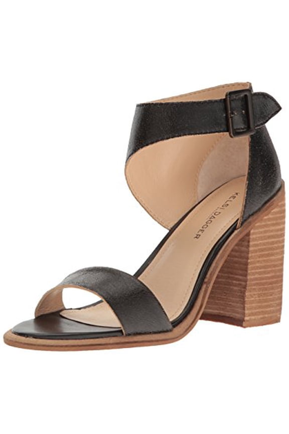 Kelsi Dagger Mayfair Black Leather Open Rounded Toe Ankle Strap Dress Sandals