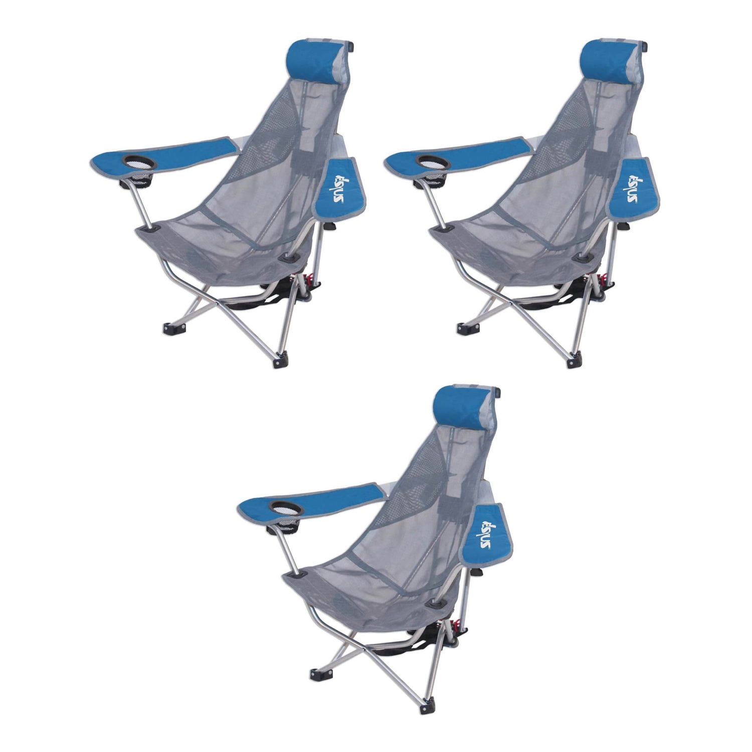 Kelsyus Mesh Folding Backpack Beach Chair w/ Headrest, Blue (3 Pack