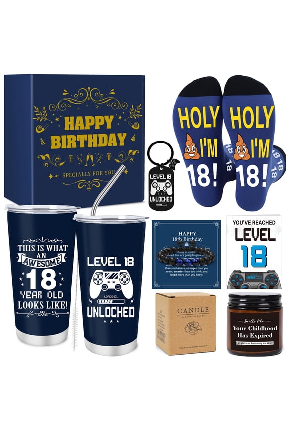 18th Birthday Gifts for Boys - 18 Year Boy Birthday Gifts Idea with 20 Oz Tumbler, Bracelet, Socks, Keychain, Greeting Card for Son, Nephew, Grandson, Brother, Boyfriend Christmas Holiday Y114