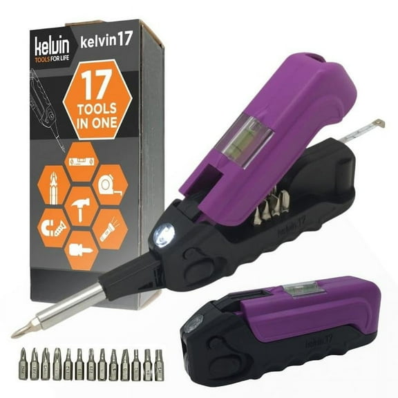 Kelvin Tools - Kelvin 17 Urban Screwdriver Set, All in One Everyday Multitool Screwdriver, Multi-Tip, Compact & Universal Precision, 13 Bit Set with Tape Measure, Liquid Level, Hammer and Flashlight