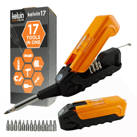 Kelvin Tools - Kelvin 17 Urban Screwdriver Set, All in One Everyday Multitool Screwdriver, Multi-Tip, Compact & Universal Precision, 13 Bit Set with Tape Measure, Liquid Level, Hammer and Flashlight
