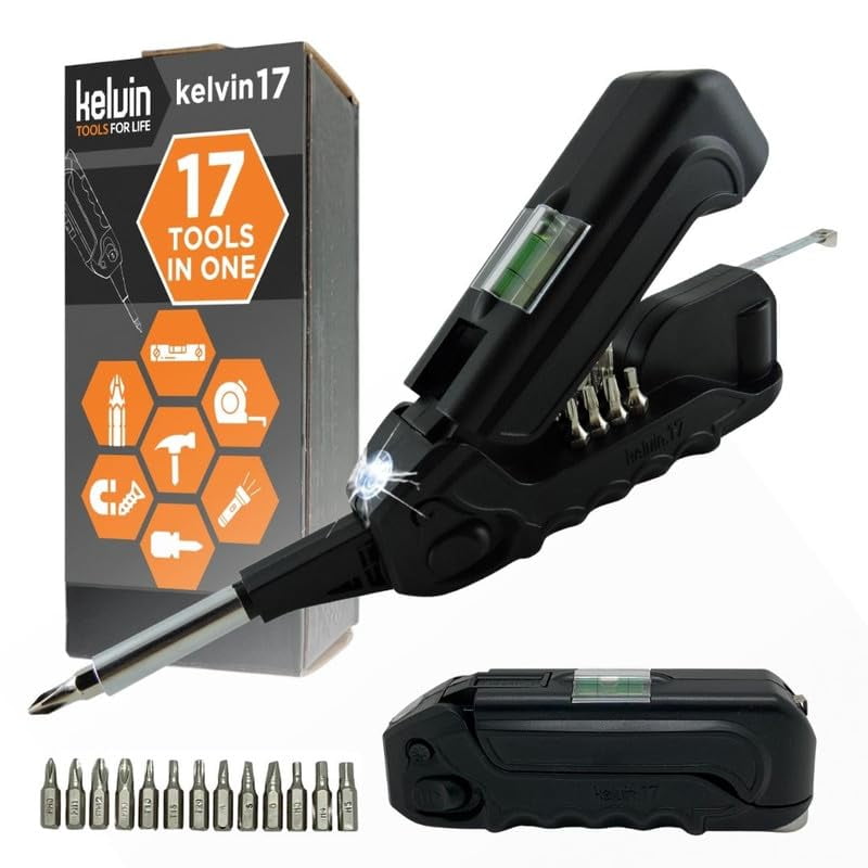Kelvin Tools - Kelvin 17 Urban Screwdriver Set, All in One Everyday Multitool Screwdriver, Multi-Tip, Compact & Universal Precision, 13 Bit Set with Tape Measure, Liquid Level, Hammer and Flashlight
