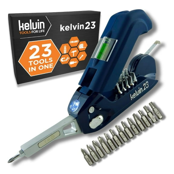 Kelvin Tools Kelvin 23 Urban Multi Tool Screwdriver Set All in One with 16 Bit Set, Tape Measure, Liquid Level, Hammer, Flashlight Multibit Pocket Screwdriver, Universal Precision Screwdriver - Navy