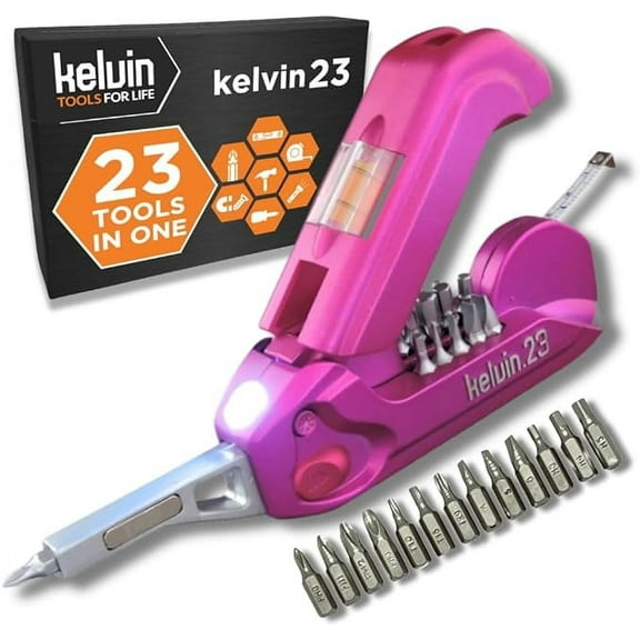 Kelvin Tools Kelvin 23 Urban Multi Tool Screwdriver Set All in One with 16 Bit Set, Tape Measure, Liquid Level, Hammer, Flashlight Multibit Pocket Screwdriver, Universal Precision Screwdriver