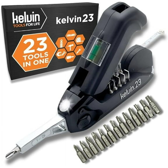 Kelvin Tools Kelvin 23 Urban Multi Tool Screwdriver Set All in One with 16 Bit Set, Tape Measure, Liquid Level, Hammer, Flashlight Multibit Pocket Screwdriver, Universal Precision Screwdriver