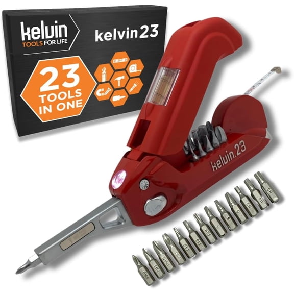 Kelvin Tools Kelvin 23 Urban Multi Tool Screwdriver Set All in One with 16 Bit Set, Tape Measure, Liquid Level, Hammer, Flashlight Multibit Pocket Screwdriver, Universal Precision Screwdriver - Red