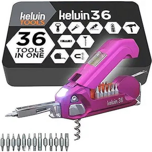 Kelvin Tools - Kelvin 36 Urban Multi Tool Screwdriver Set - All in One Hand Tool With 26 Interchangeable Bits, Tape Measure, Liquid Level, Hammer, Flashlight, Corkscrew and Magnetic Tip