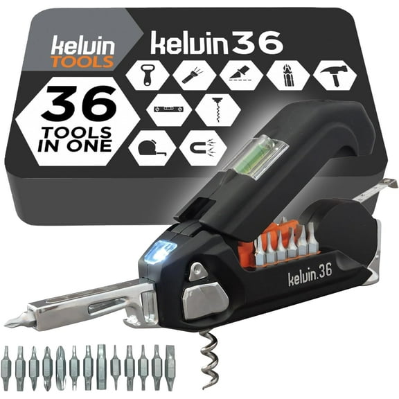 Kelvin Tools - Kelvin 36 Urban Multi Tool Screwdriver Set - All in One Hand Tool With 26 Interchangeable Bits, Tape Measure, Liquid Level, Hammer, Flashlight, Corkscrew and Magnetic Tip
