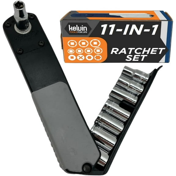 Kelvin Tools PakRatchet: Compact Right-Angled Ratchet Socket and Screwdriver Set - Mini Ratcheting Socket set and Screwdriver, 90 Degree for Tight Spaces, 11 in 1 Impact