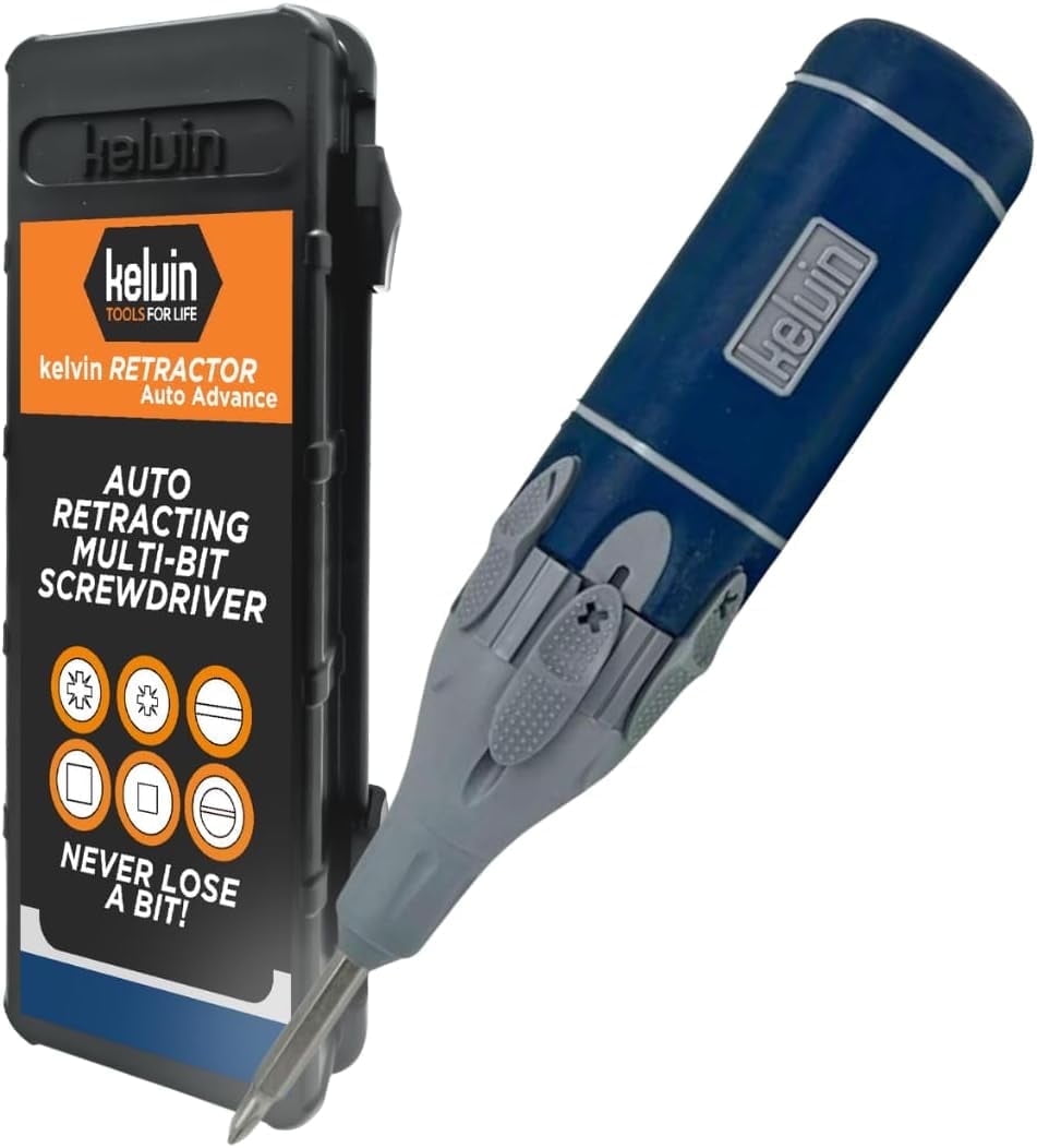Kelvin Tools Retractor Auto Advance – Automatic Multi-Bit Screwdriver, 6-in-1 Autoloader Tool with Spring-Loaded Lock System, Compact Multitool for Men and Women, Made in North America