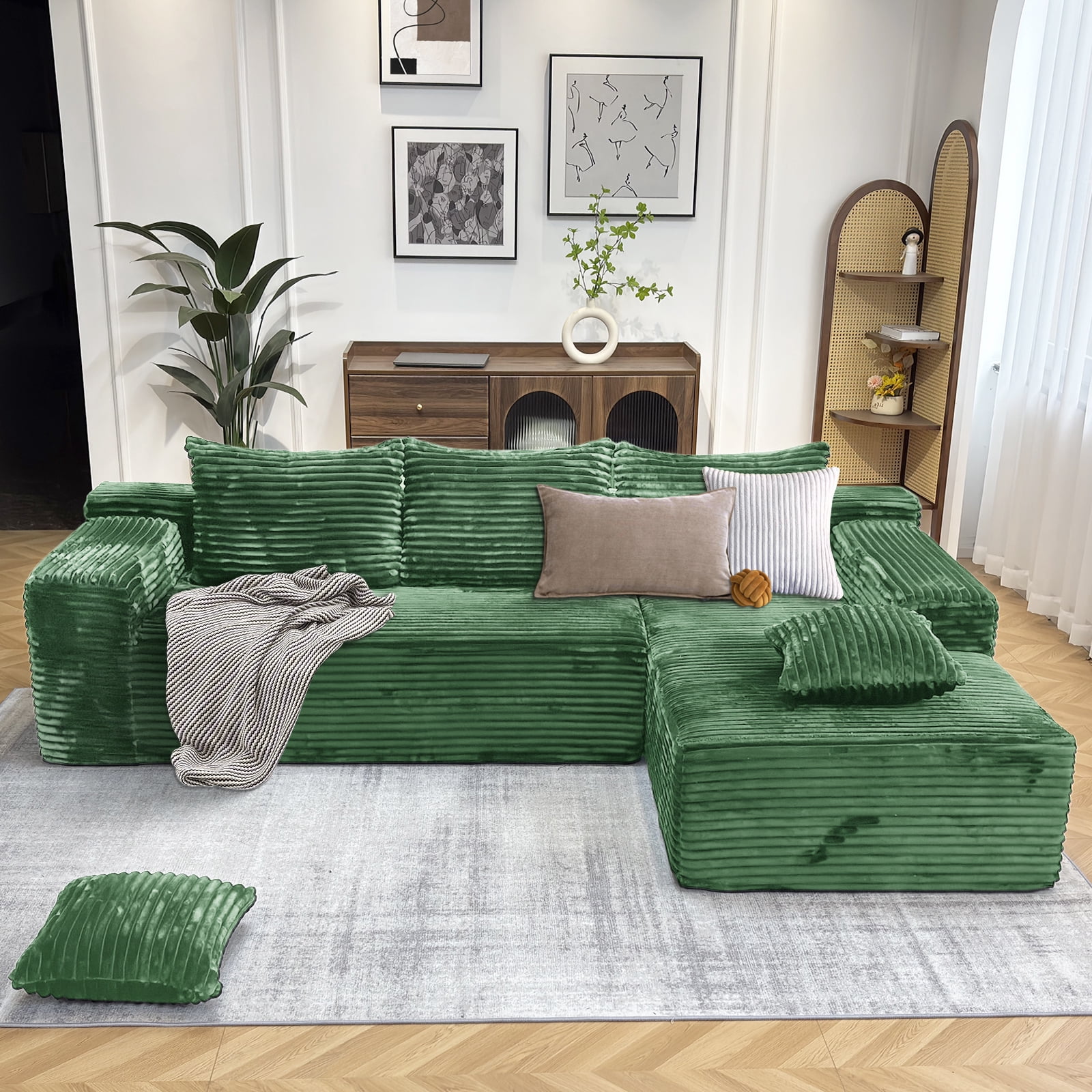 Kelyda 104'' Modular L-Shaped Sectional Sofa, Modern Memory Foam Deep Seat Corduroy Boneless Cloud Couch Green