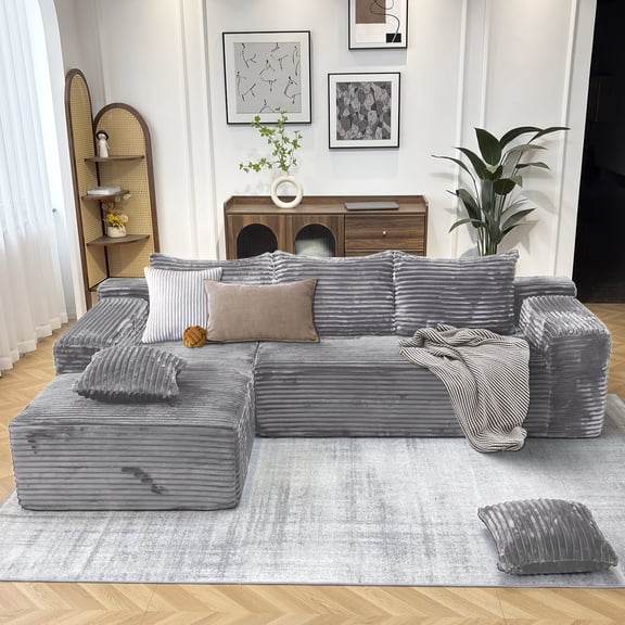 Kelyda 104'' Modular L-Shaped Sectional Sofa, Modern Memory Foam Deep Seat Corduroy Boneless Cloud Couch Light Grey