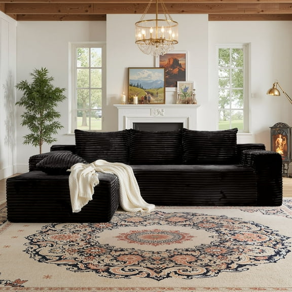 Kelyda 105" Modular L-Shaped Cloud Sofa, Plush Boneless Sectional with Deep Seats Chaise Corduroy Fabric, Black