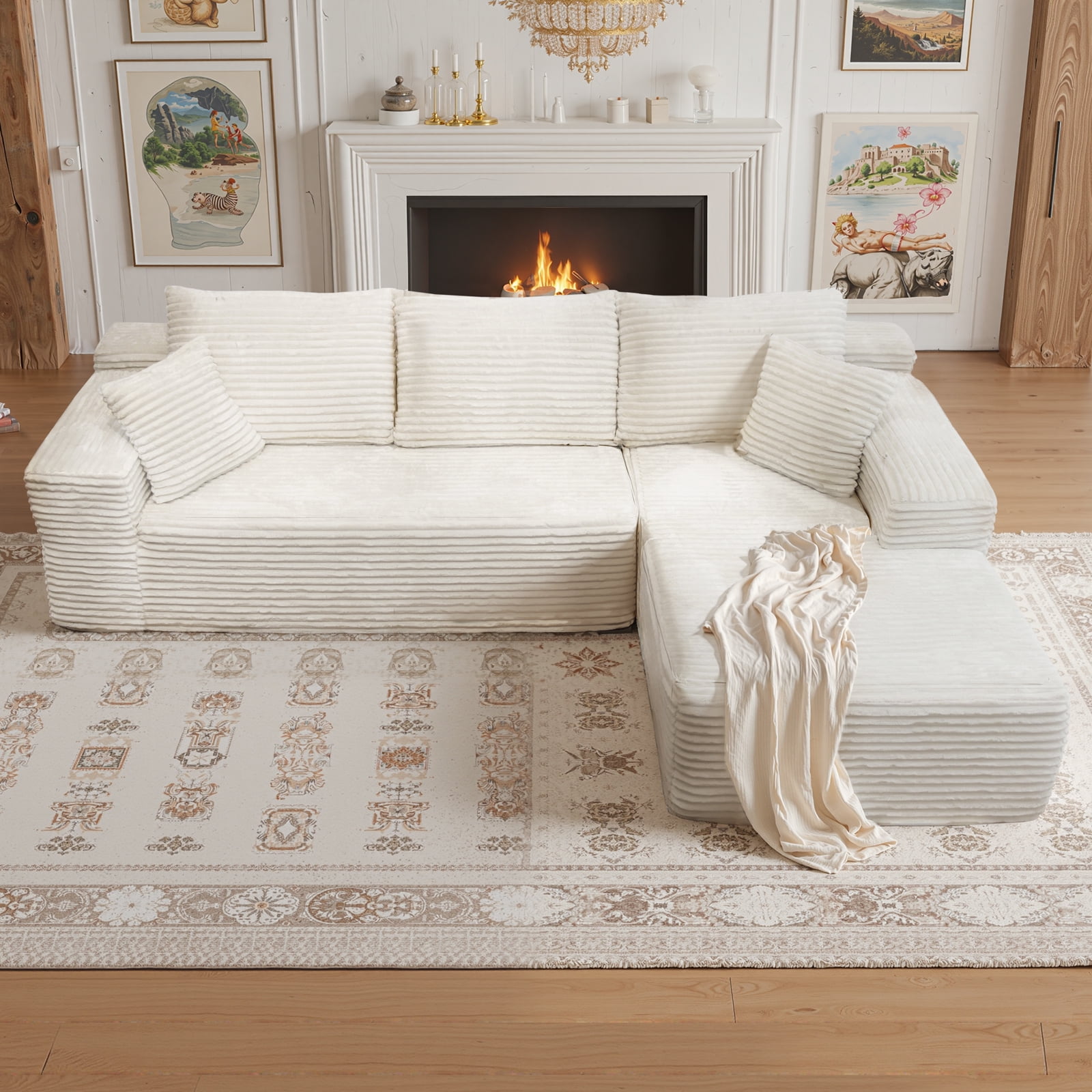 Kelyda 105" Modular L-Shaped Cloud Sofa, Plush Boneless Sectional with Deep Seats Chaise Corduroy Fabric Beige
