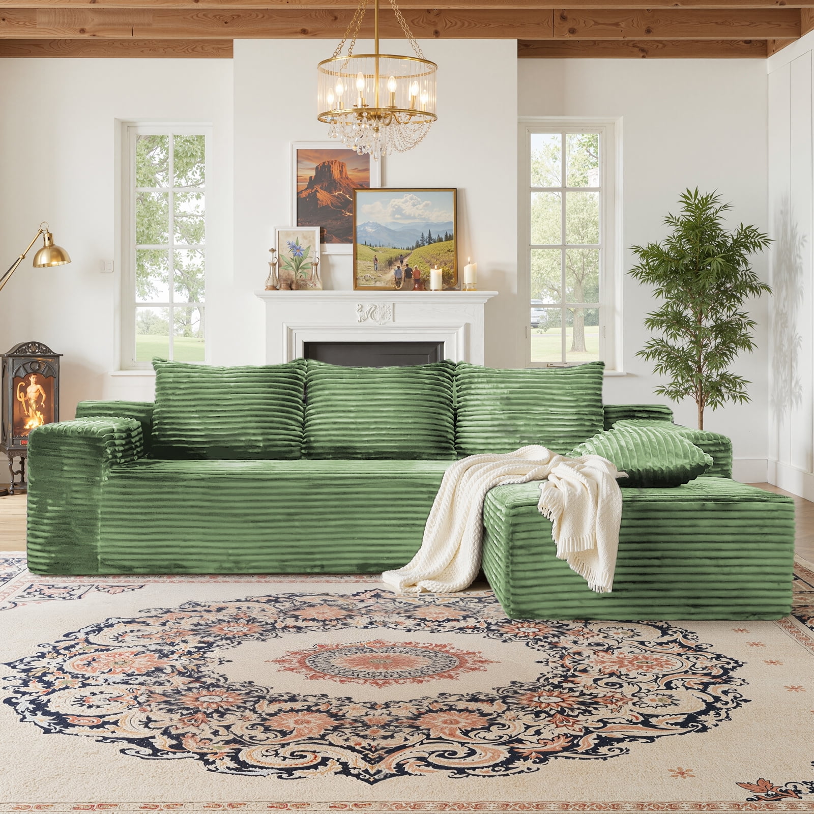 Kelyda 105" Modular L-Shaped Cloud Sofa, Plush Boneless Sectional with Deep Seats Chaise Corduroy Fabric Green