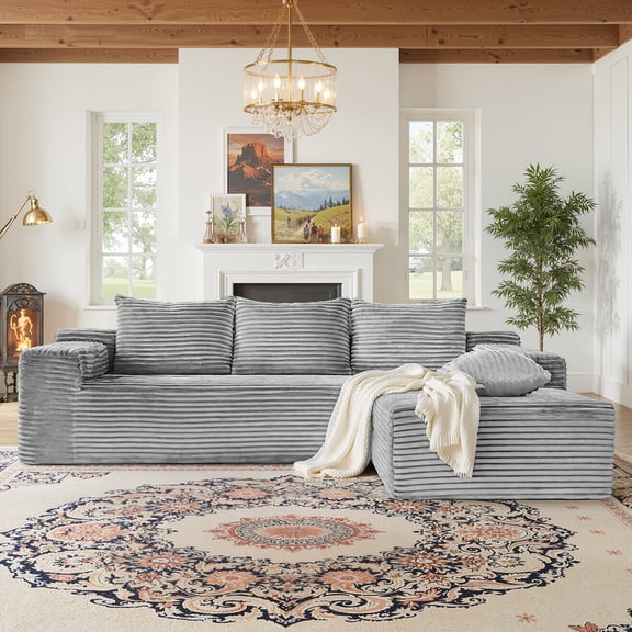 Kelyda 105" Modular L-Shaped Cloud Sofa, Plush Boneless Sectional with Deep Seats Chaise Corduroy Fabric Light Grey