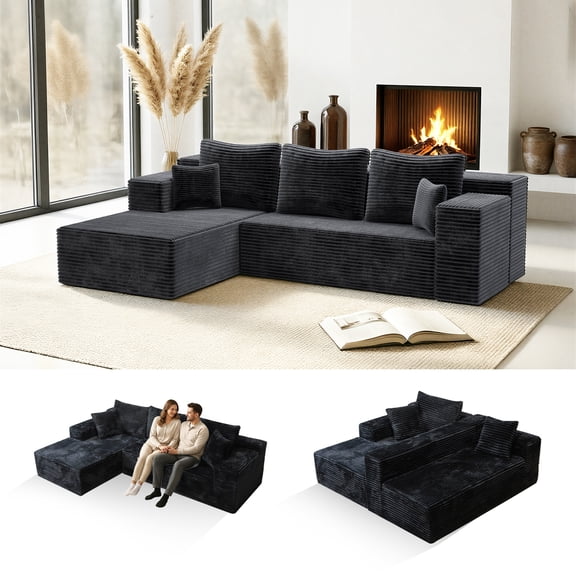 Kelyda 106'' Boneless Sectional couch L Shaped, Modern Faux Rabbit Fur Cloud Sofa for Living Room Black