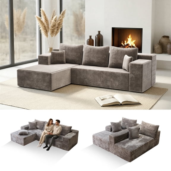 Kelyda 106" Boneless L-Shaped Modular Sectional Sofa, Faux Rabbit Fur for Living Room, Light Coffee