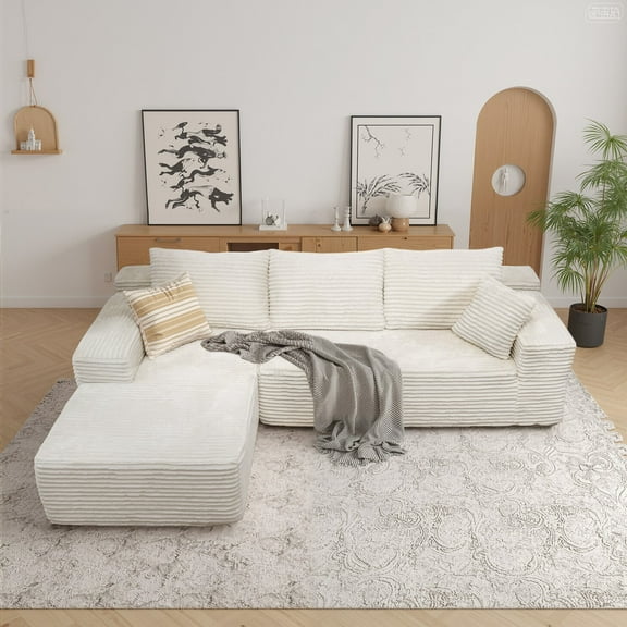 Kelyda 106'' Modular L-Shaped Sectional Sofa, Modern Faux Rabbit Fur Deep Seat Boneless Cloud Couches Beige