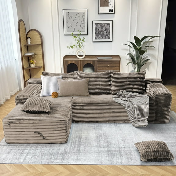 Kelyda 106'' Modular L-Shaped Sectional Sofa, Modern Faux Rabbit Fur Deep Seat Boneless Cloud Couches Coffee