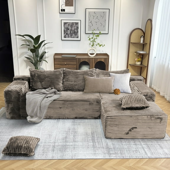 Kelyda 106'' Modular L-Shaped Sectional Sofa, Modern Faux Rabbit Fur Deep Seat Boneless Cloud Couches Coffee