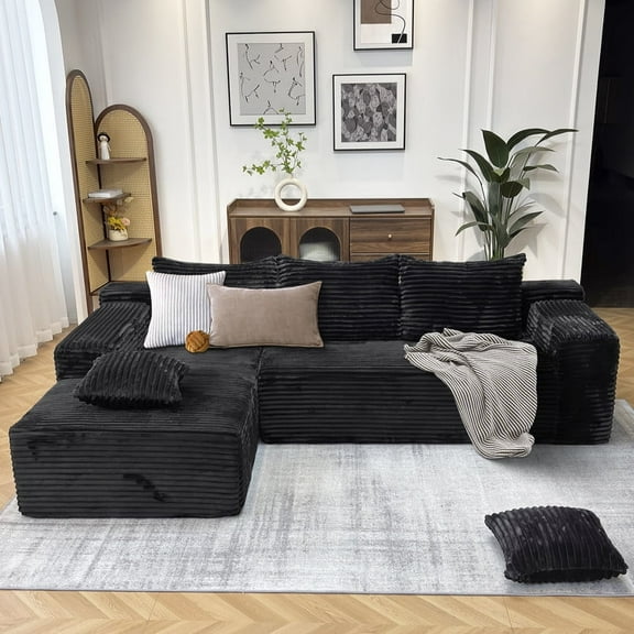 Kelyda 106'' Modular L-Shaped Sectional Sofa, Modern Faux Rabbit Fur Deep Seat Boneless Cloud Couches Grey