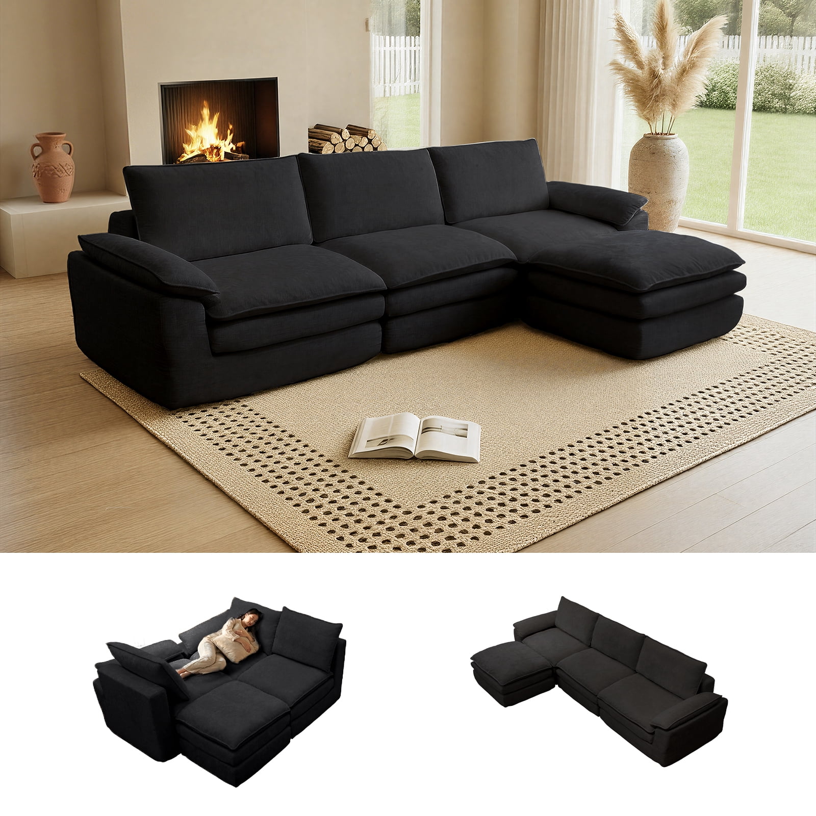 Kelyda 116'' Cloud Sectional Couches L Shaped, Modern Convertible Modular Cloud Chenille Sofa for Living Room Black
