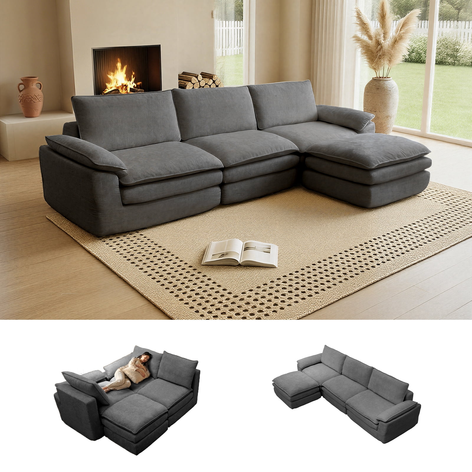 Kelyda 116'' Cloud Sectional Couches L Shaped, Modern Convertible Modular Cloud Chenille Sofa for Living Room Grey