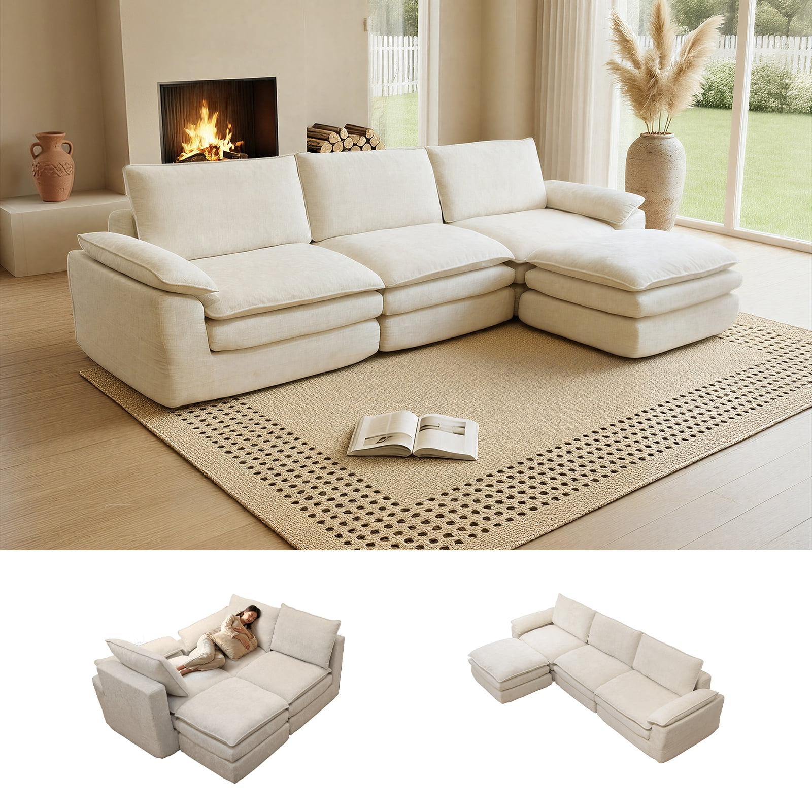 Kelyda 116'' Cloud Sectional Couches L Shaped, Modern Convertible Modular Cloud Chenille Sofa for Living Room White