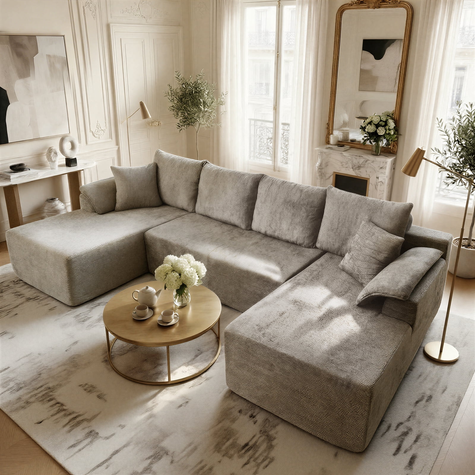 Kelyda 130'' Boneless Sectional Couch, Modern Chenille U Shaped Modular Cloud for Living Room Camel