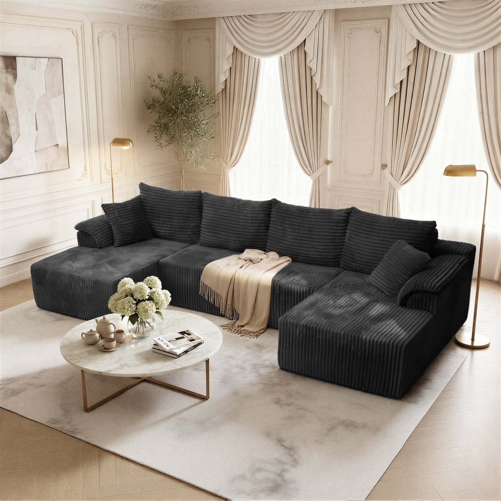 Kelyda 130'' Boneless Sectional Couch, Modern Faux Fur U Shaped Modular Cloud for Living Room Dark Grey