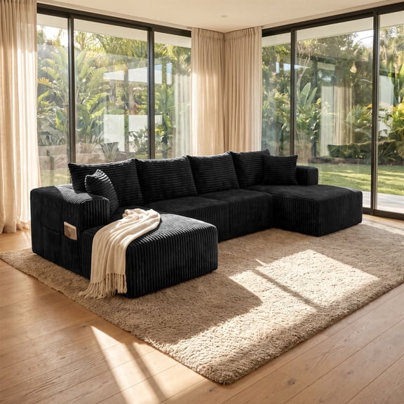 Kelyda 130" U-Shaped Modular Sectional Sofa, Boneless Cloud Corduroy Couch for Living Room Black