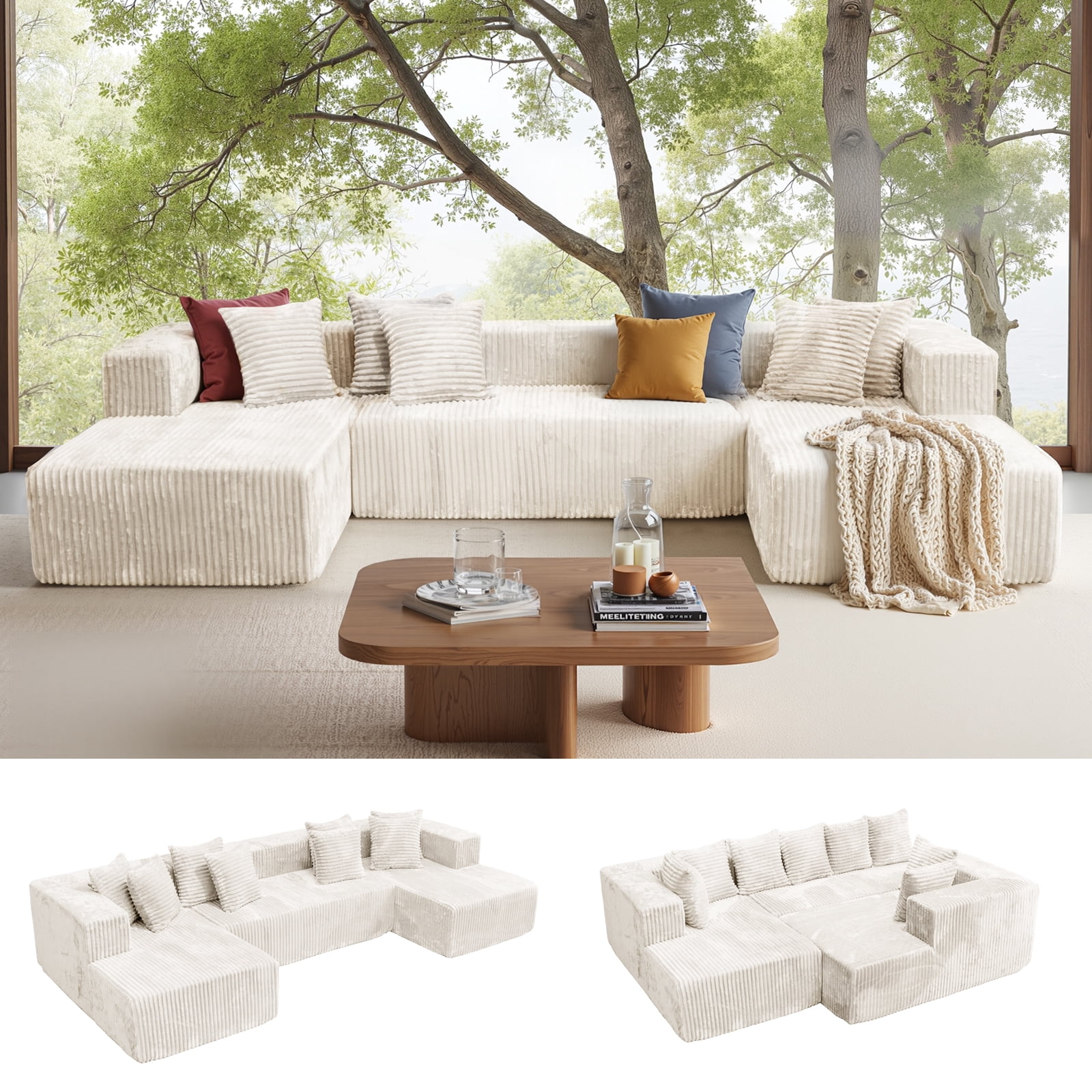 Kelyda 130'' U Shaped Sectional Couches, Modern Deep Seat Foam Boneless Cloud Sofa for Living Room Beige
