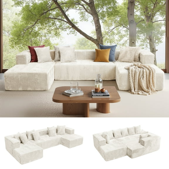 Kelyda 130'' U Shaped Sectional Couches, Modern Deep Seat Foam Boneless Cloud Sofa for Living Room Beige