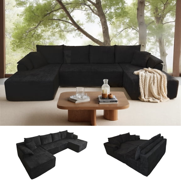 Kelyda 130'' U Shaped Sectional Couches, Modern Deep Seat Foam Boneless Cloud Sofa for Living Room Black