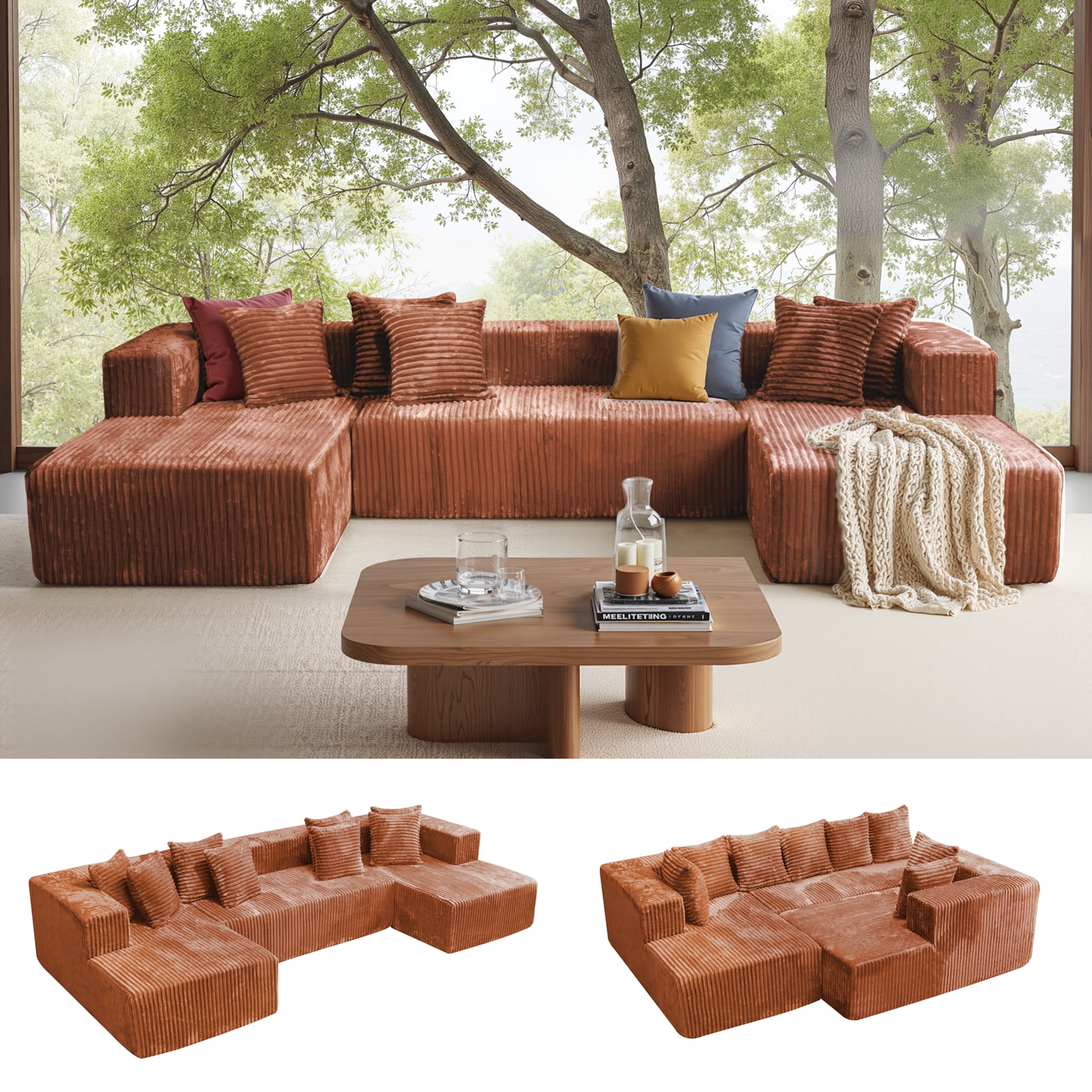 Kelyda 130'' U Shaped Sectional Couches, Modern Deep Seat Foam Boneless Cloud Sofa for Living Room Brown