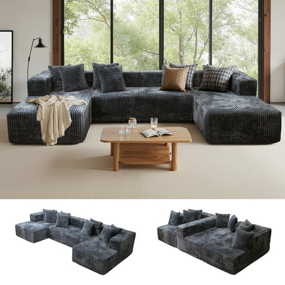 Kelyda 130'' U Shaped Sectional Couches, Modern Deep Seat Foam Boneless Cloud Sofa for Living Room Dark Grey