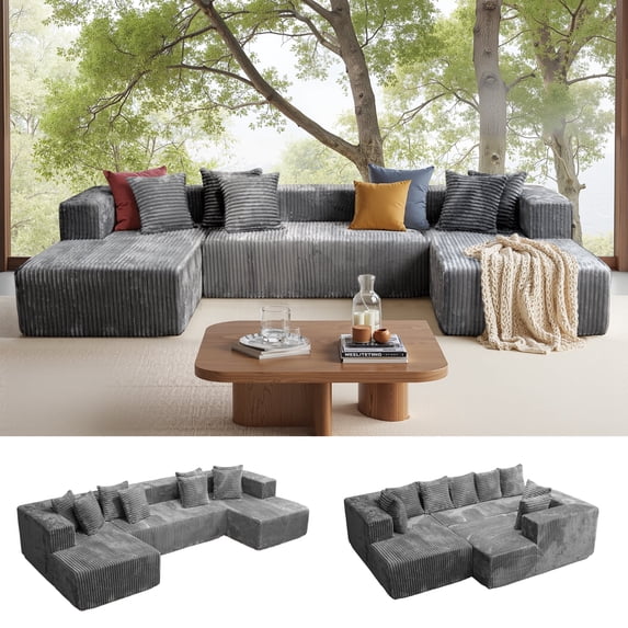 Kelyda 130'' U Shaped Sectional Couches, Modern Deep Seat Foam Boneless Cloud Sofa for Living Room Grey