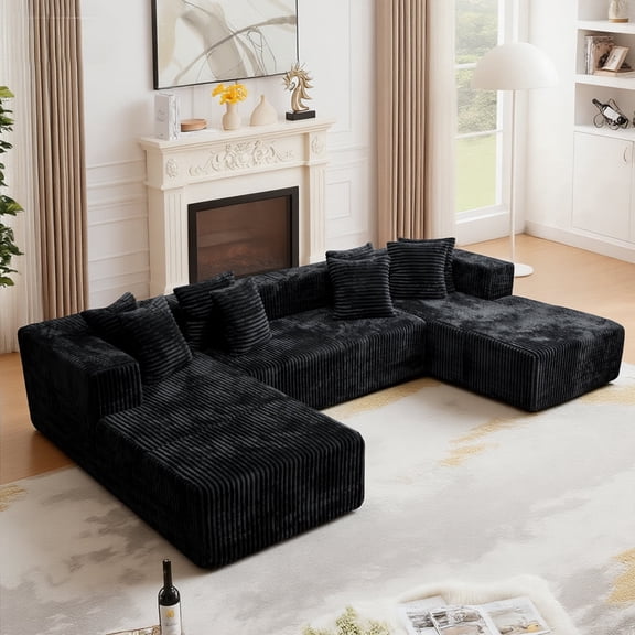 Kelyda 132 Inch Modular Sectional Sleeper Sofa, Modern U Shaped Fuax Fur Boneless Cloud Couch for Living Room Black
