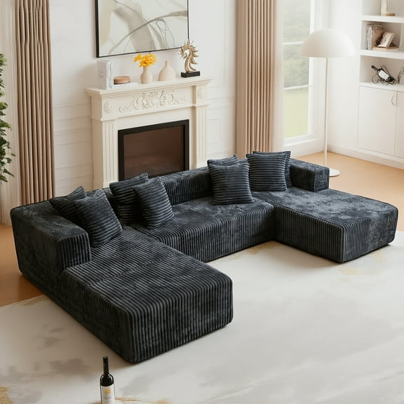 Kelyda 132 Inch Modular Sectional Sleeper Sofa, Modern U Shaped Fuax Fur Boneless Cloud Couch for Living Room Dark Grey